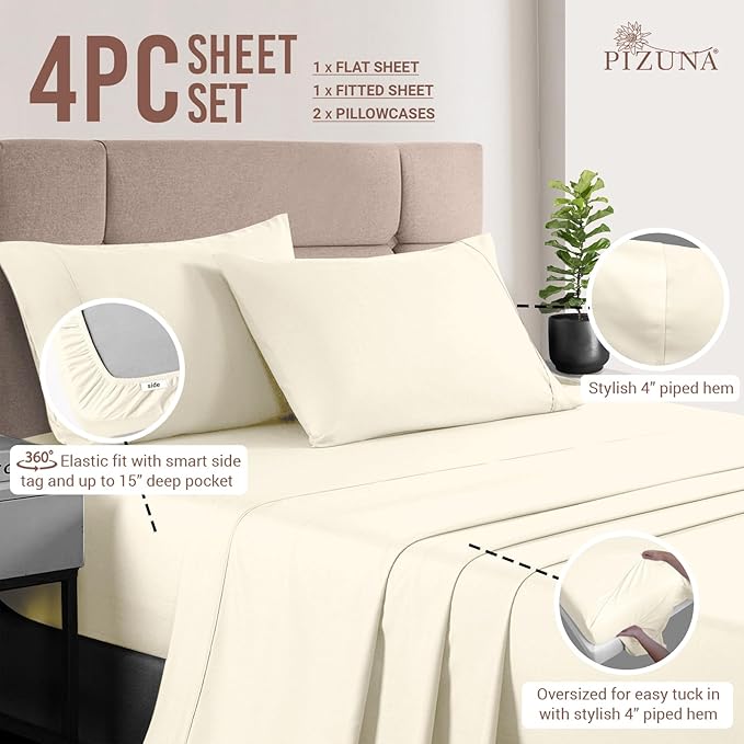 Pizuna Pure 100% Cotton Sheets Full Size, Luxurious 400 Thread Count Long Staple Cotton Sateen Full Sheets Set with 15inch Deep Pocket (Combed Ivory Cotton Sheet Sets)