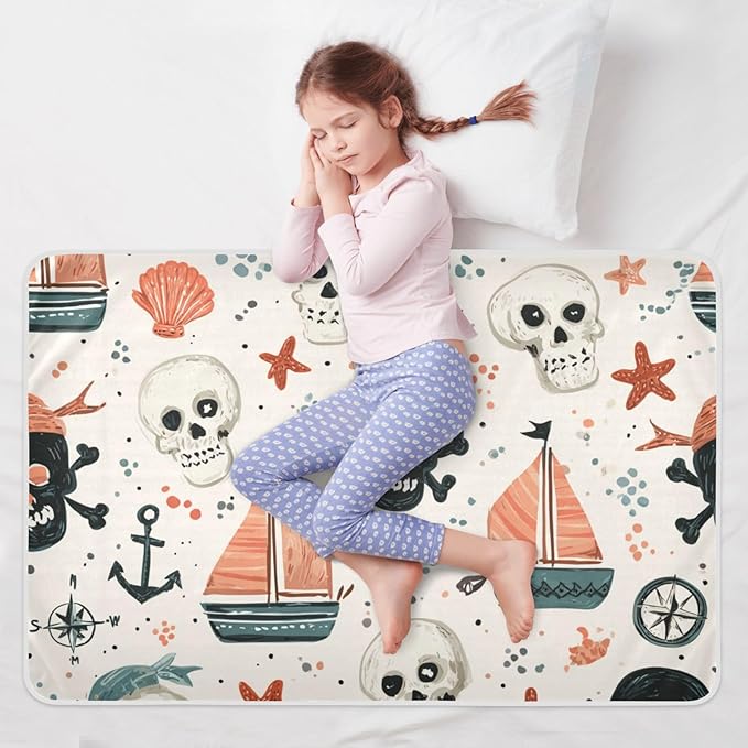 Waterproof Bed Pad Reusable Changing Pad Toddler Mattress Protector Large Pee Pad Baby Diaper Pad Soft Washable Liner Beige Pirate Skulls Sailboats Starfish Compass