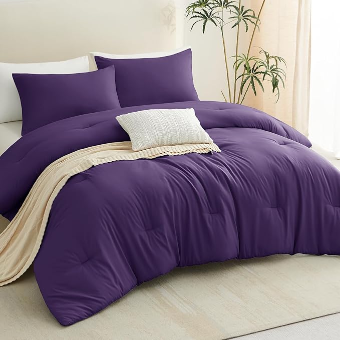 CozyLux King Size Comforter Set Purple, 3 Pieces Solid Breathable Quilted Style Bedding Sets, Luxury Fluffy Soft Bed Set with Down Alternative Comforter for All Season (1 Comforter & 2 Pillowcases)