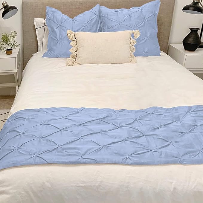 Bed Runner Set - 100% Pure Cotton 800 Thread Count - Luxury 1 Pinch Pleated Bed Runner and 4 Pillow Cover - 5 Piece Pinch Pleated Bed Runner Set King, Light Blue