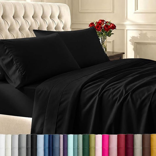 California Design Den King Size Sheets Set - 400 Thread Count Sateen, Natural 100% Cotton Sheets with Deep Pockets, Breathable, and Durable Bedding Set - Black