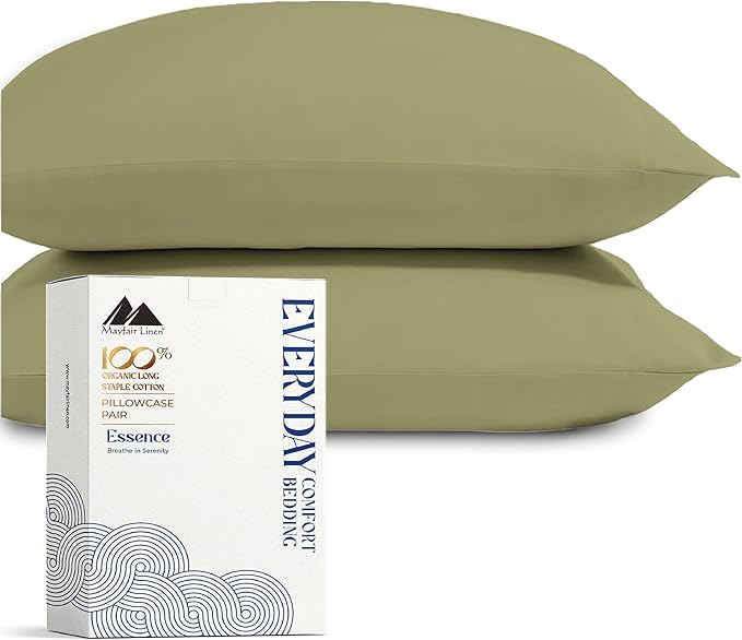 Mayfair Linen 100% Organic Cotton Percale Pillow Cases King Size Set of 2 - Cotton Percale Pillowcases King, Soft Cooling Pillow Cases for Sleeping, Cotton Pillow Covers for King Pillows - Sage Green