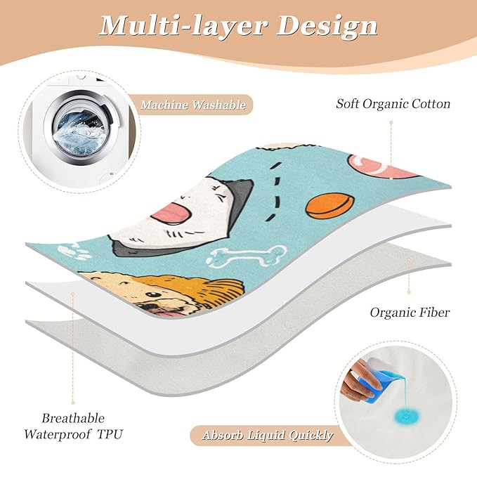 Waterproof Bed Pad Reusable Changing Pad Toddler Mattress Protector Large Pee Pad Baby Diaper Pad Soft Washable Liner Blue Dog Cartoon