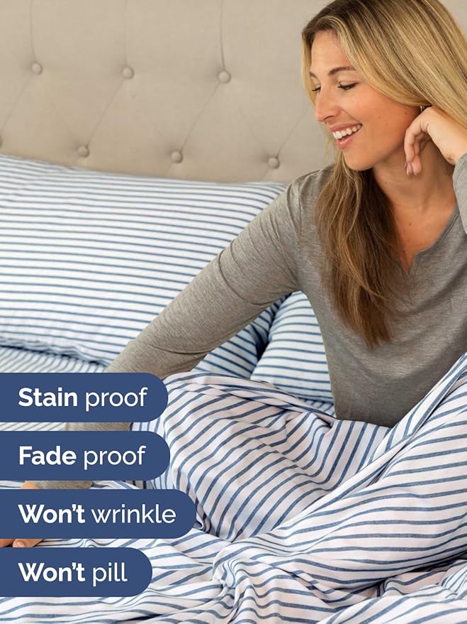 Extra Deep Split King Sheet Set - 7 Piece Breathable and Cooling Sheets - Hotel Luxury Bedding for Women, Men, Kids & Teens - Secure Fit - Soft and Wrinkle Free with Extra Deep Pockets - Blue Stripes