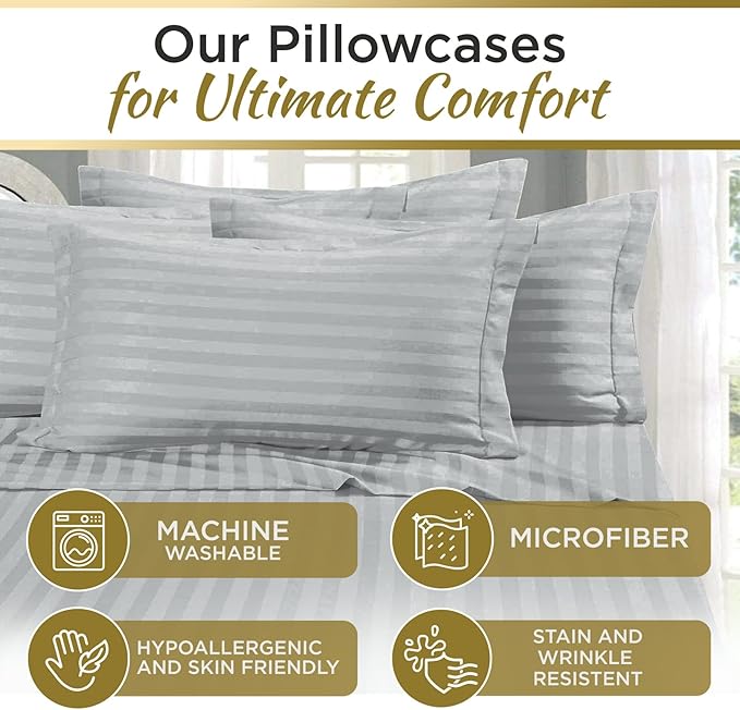 Twin XL 100% Microfiber Double Brushed Sheet Set - Extra-Soft & Wrinkle-Free - 15" Deep Pockets, 39" x 80" - Ideal for Dorms, Hospitals & Split King Beds - 3 PC Set (Twin XL, Silver Stripe)