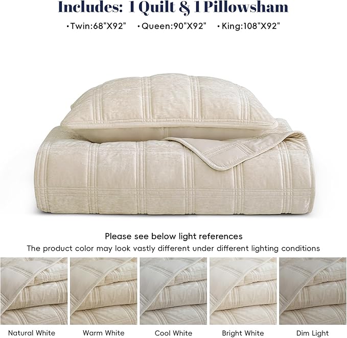 PHF Ultra Soft Velvet Quilt Set Twin Size – 2PCS Luxurious Cozy Quilted Comforter Alternative with Diamond Pattern, Warm Quilted Bedspread Coverlet, 68" x 92", Sand
