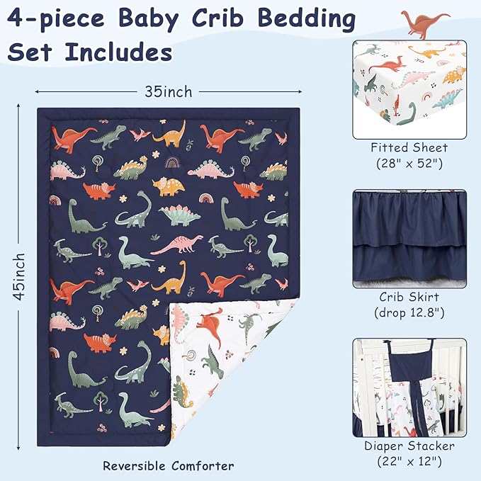 Crib Bedding Set for Boys, Baby Crib Bedding Set 4 Piece, Baby Boy Nursery Bedding Set Including Comforter, Fitted Crib Sheet, Crib Skirt, Diaper Stacker, Blue Dinosaur | Cute Pattern, 4 Piece