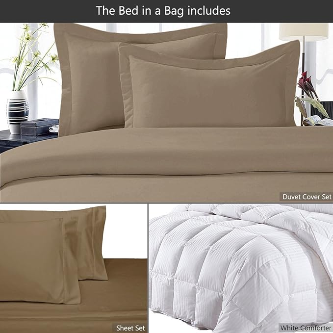 8 Pieces 100% Cotton Solid Taupe King Goose Down Bed in a Bag Set Including 600TC Sheet Set + 600TC Duvet Cover Set+ All Season Striped Goose Down Comforter 600 Fill Power