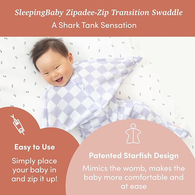 SleepingBaby Zipadee-Zip Transition Swaddle (Lavender Check, Small for 4-8 Months) and Snuggle Strap (Grey, One Size) - Wearable Baby Blanket and Accessory - Polyester, Spandex