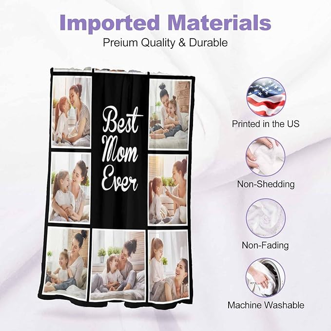 Photo Blankets Customize, 10 Photos Customize Blanket Mom Birthday Gifts from Daughter Son, Personalized Mom Daughter Pictures Blankets, 8 Sizes