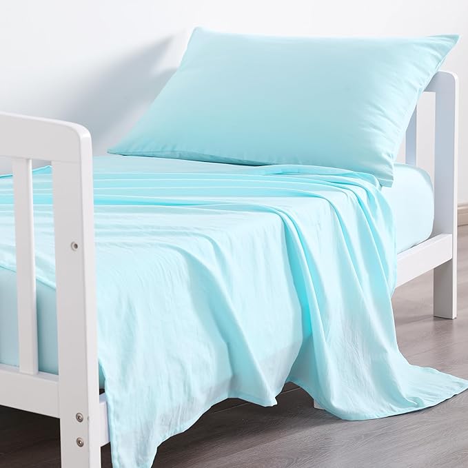 NTBAY Toddler Sheet Set - 3-Piece Microfiber Crib Sheet Set - Flat Sheet, Fitted Sheet, Pillowcase - Solid Toddler Bedding, Light Blue