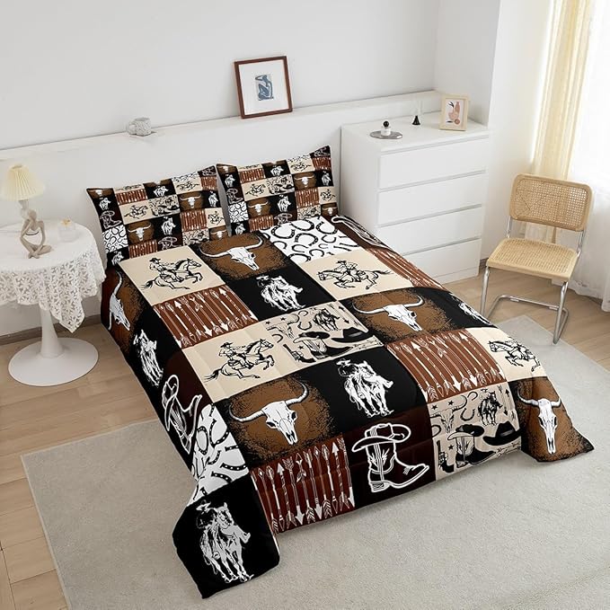 Western Cowboy Comforter Set Kids Teens Vintage Farmhouse Bedding Set Retro Brown Western 3D Geometric Quilt Set Bedroom Decoration King Size 1 Comforter Set 2 Pillowcases