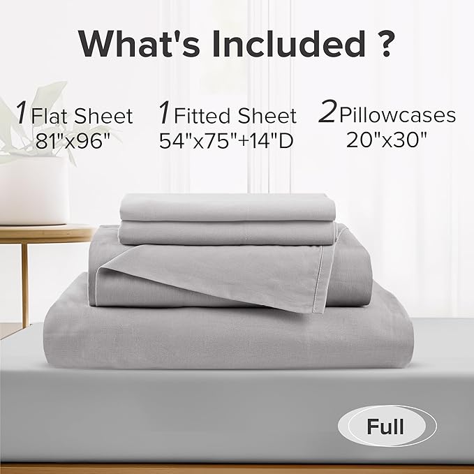 Comfort Spaces 100% Cotton Sheet Set Breathable, Lightweight, Soft with 14" Elastic Pocket Fits up to 16" Mattress, All Season Cozy Bedding, Matching Pillow Case, Full Grey 4 Piece