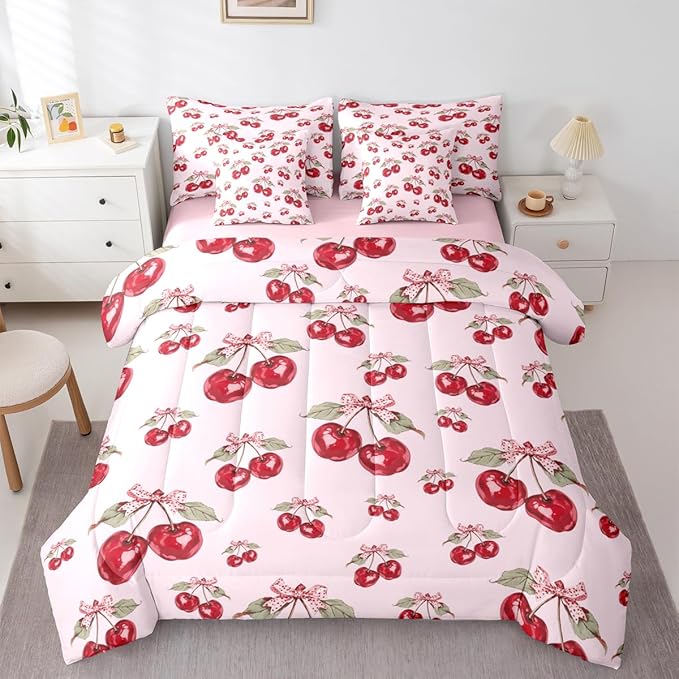 Feelyou Red Cherry Comforter Set with Sheets 7 Piece Twin Size Pink Bowknot Bed in a Bag Kids Boys Girls Cartoon Cherry Bedding Set Cute Bow Bedroom Decor Breathable Soft Lightweight Microfiber