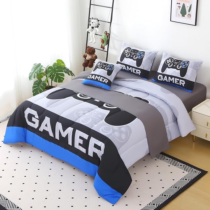 JQinHome Queen Gamer Comforter Sets for Boys,6 Piece Bed in A Bag 3D Video Gamer Bedding -All Season Microfiber Gaming Bedding Set for Kids, with Sheet Sets (Cyber Blue)