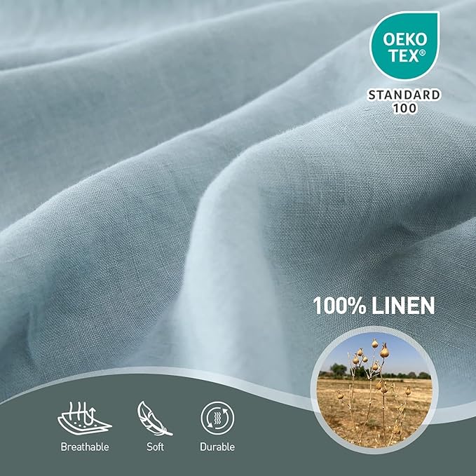 Simple&Opulence 100% Linen Duvet Cover Set, 3 PCS Natural French Flax Dusty Blue Duvet Cover Full Size, Breathable Soft Comfy Linen Bedding Comforter Cover with 2 Pillowcases(Dusty Blue, 78"x86")