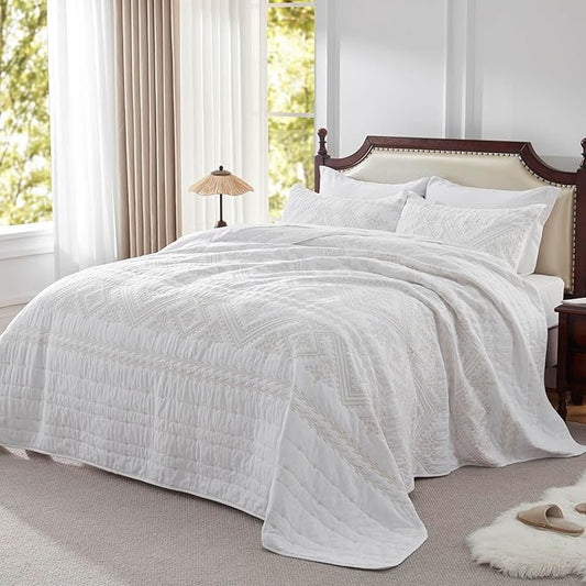 LEAONME 100% Cotton 3-Piece Quilt Set White Full Queen Size Lightweight Bedspread Coverlet 90''x98'' Soft Luxurious Embroidered Bedding Set for All Seasons (1 Quilt, 2 Pillow Shams)