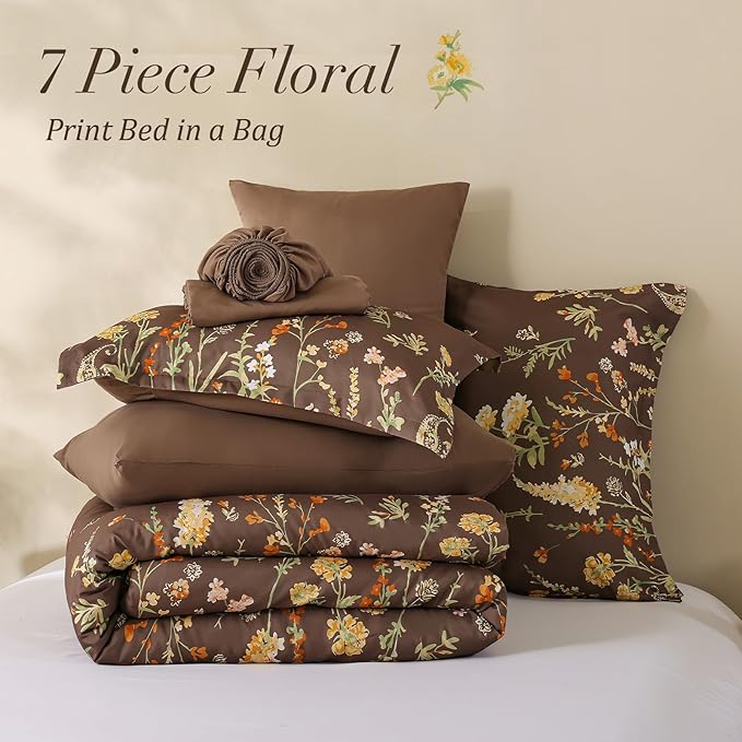 Yiran 7 Piece Brown Fall Comforter Set Queen Size, Floral Flowers Comforter Bedding Set, Bed in a Bag Queen, Soft Microfiber Complete Bedding Set with Sheets for All Season