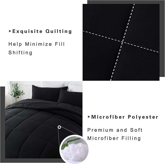 DOWNCOOL Queen Comforter Set -All Season Queen Bed Set with 2 Pillow Cases-3 Pieces Bedding Sets Queen -Down Alternative Black Queen Size Comforter Sets(88"x92")