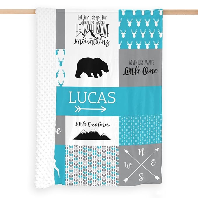 Customzed Baby Blanket for Boys Super Soft Double Layer with Dotted Backing, Monogrammed Receiving Blanket with Cute Woodland Multicolor Printed Blanket, Teal, 40 x 50 Inch