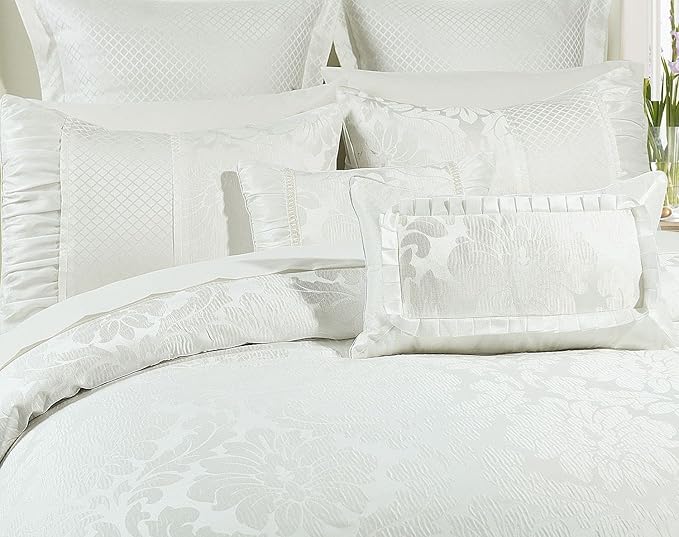 Royal Hotel Bedding Luxury 7 Piece Sara Jacquard Duvet Cover Set (Comforter Cover), Corner Ties with Duvet Cover and Button Closure, King/Cal King Size, White