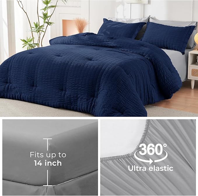 HYMOKEGE Navy Blue/Light Grey Full Size Comforter Sets Seersucker 7 Pieces, All Season Luxury Bed in a Bag for Bedroom, Bedding Set with Comforter, Sheets, Pillowcases & Shams