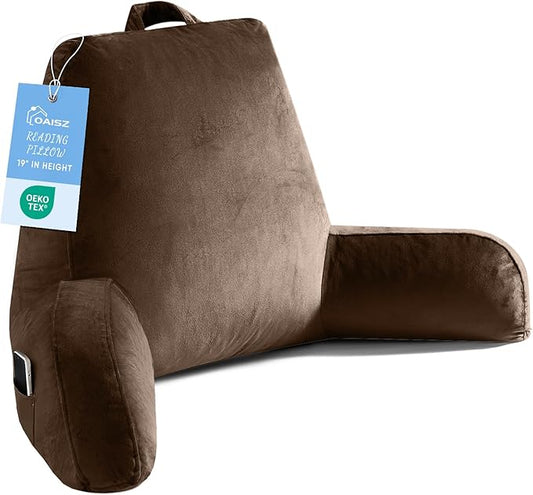 Reading Pillow for Sitting in Bed Adult, Reading Pillow with Shredded Memory Foam, Back Pillow for Sitting Up with Extend Arms, Pockets, Bed Pillow with Washable Cover,Brown, X-Large