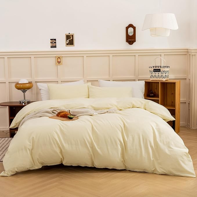 ECOCOTT Duvet Cover Set, 100% Washed Cotton Linen-Like Soft & Breathable, Durable Comfy Bedding Set for All Seasons (Light Yellow, Queen)