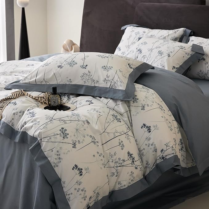 HighBuy Cute Blue Floral Duvet Cover Twin Boho Floral Cotton Soft Girl Twin Comforter Cover Cottagecore Flowers Plant Pattern Luxury Bedding Set,1 Duvet Cover 68x86,2 Pillowcases for Women Teen