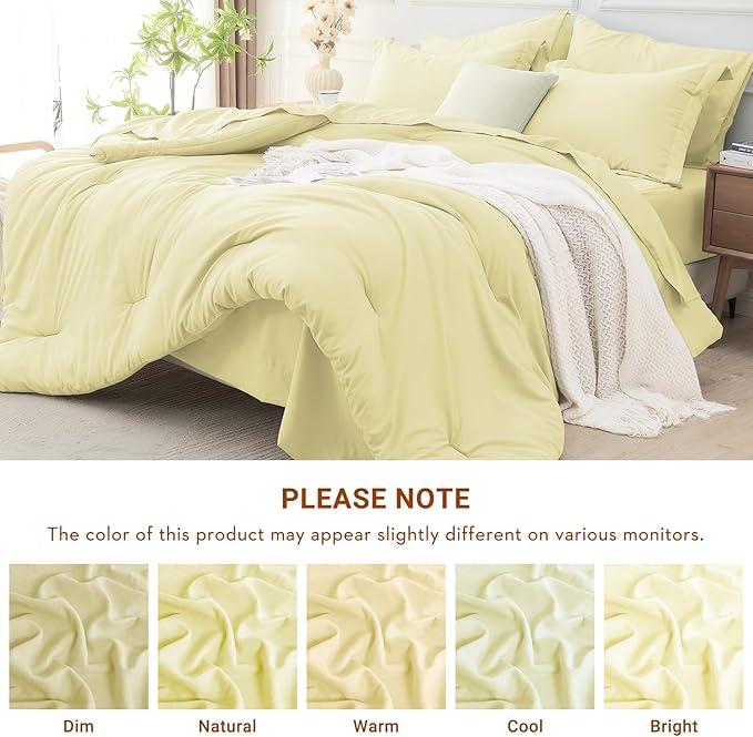 MUXHOMO 7 Pieces Full Comforter Set, Soft Bed in a Bag Full Size, All Season Bedding Set with Comforter, Flat Sheet, Fitted Sheet, Pillowcases & Shams, Cream Yellow