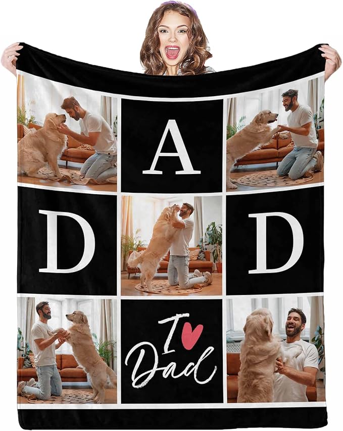 Gifts for Dad Customized Blanket with Photo, 5 Photos Personalized Happy Fathers Day Blankets with Pictures Customized Blanket Best Dad Ever Birthday Gifts for Grandpa Men, 8 Sizes