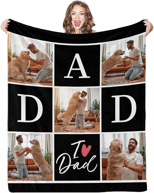 Gifts for Dad Customized Blanket with Photo, 5 Photos Personalized Happy Fathers Day Blankets with Pictures Customized Blanket Best Dad Ever Birthday Gifts for Grandpa Men, 8 Sizes