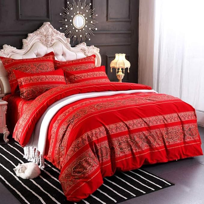 ABREEZE Cal.King Duvet Covers, Bohemian Retro Bedding Set, Coloful Mandala Down Comforter Cover, Boho Floral Style Quilt Cover, 100% Brushed Cotton, 1 Duvet Cover and 2 Pillow Shams,Red
