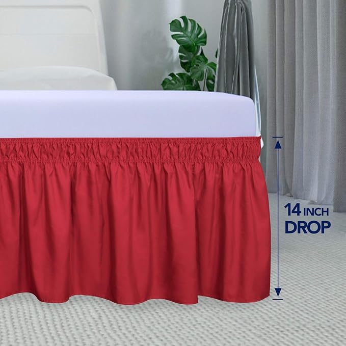 PureFit Wrap Around Ruffled Bed Skirt with Adjustable Elastic Belt - 14 Inch Drop Easy to Put On, Wrinkle Free Bedskirt Dust Ruffles, Bed Frame Cover for Twin, Twin XL and Full Size Beds, Red