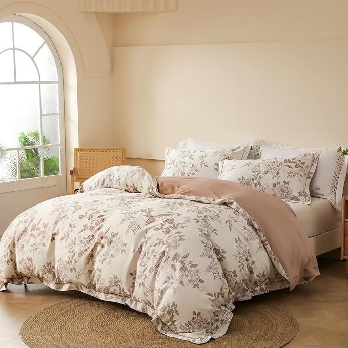 Duvet Cover Set Twin Size Floral Pattern 600 Thread Count Ultra Soft 100% Long Staple Cotton Duvet Cover Sets 3-PC, Breathable Duvet Cover with Zipper Closure & Corner Ties