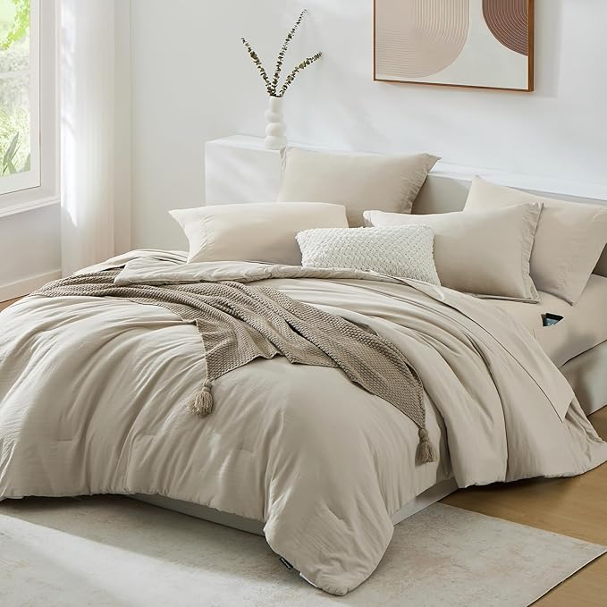 WRENSONGE Light Oatmeal Queen Comforter Set, 7 Pieces Soft Microfiber Comforters Queen Size with Fitted Sheet, Flat Sheet, 2 Pillow Shams, and 2 Pillowcases- Warm Bedding Sets Queen for All Season