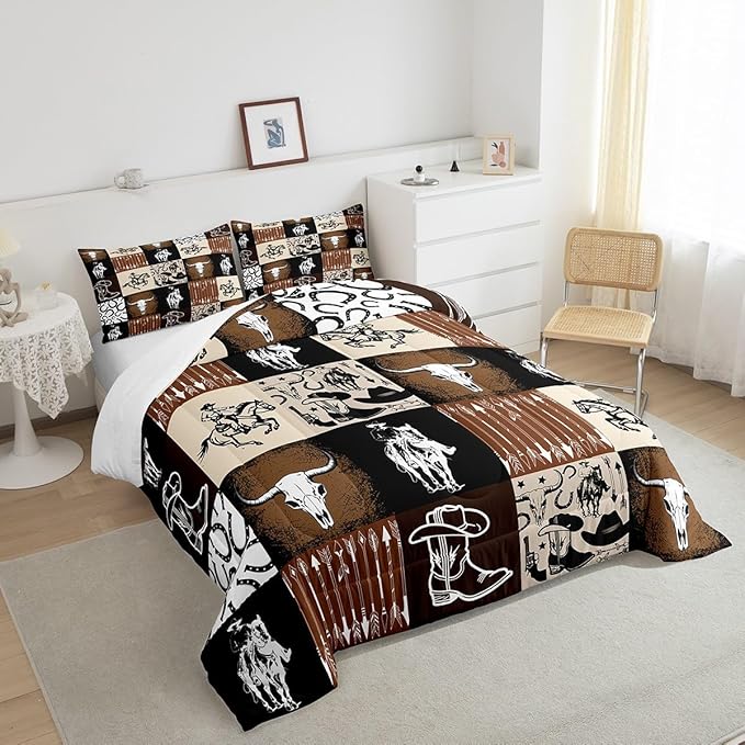 Western Cowboy Comforter Set Kids Teens Vintage Farmhouse Bedding Set Retro Brown Western 3D Geometric Quilt Set Bedroom Decoration King Size 1 Comforter Set 2 Pillowcases