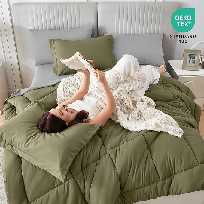 Sasttie Queen Comforter Set, 7 Pieces Bed in a Bag Queen, Complete Bedding Set Includes Comforter, Flat Sheet, Fitted Sheet, Pillowcases and Pillow Shams, Olive & Light Grey