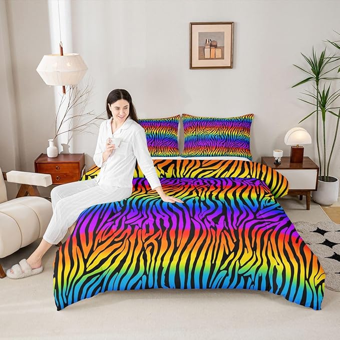 Feelyou Zebras Skins Comforter Rainbow Zebra Stripes Bedding Set Colorful Zebra Pattern Comforter Set for Kids Adults Zoo Animal Fur Print Duvet Set Ultra Soft Room Decor Full Size Quilt Set