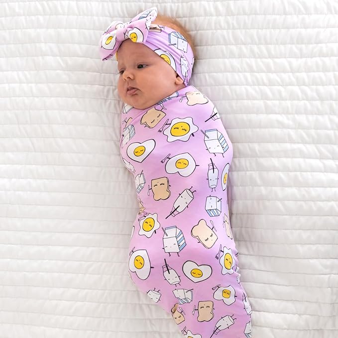 Little Sleepies Swaddle & Headband Bow Set, Viscose from Bamboo Baby Swaddles, Newborn Baby Girl Clothes (Luxe Pink Breakfast Buddies)