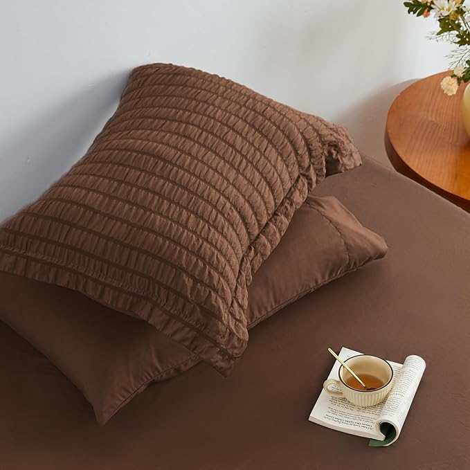 Love's cabin Seersucker Brown Full Comforter Set, 7-Piece All Season Lightweight Bed in a Bag Bedding Set with Comforter, Flat Sheet, Fitted Sheet, Pillowcases and Shams | Soft, Breathable, Lightweight