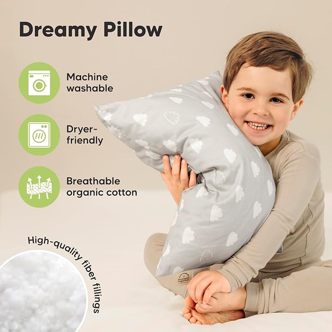 KeaBabies 2-Pack Toddler Pillows 2 Year Old to 5-13x18 Soft Organic Cotton Kids Pillow for Sleeping, Travel, School, Daycare, Nap, Toddler Bed, Machine Washable, Without Pillowcase (Cloud)