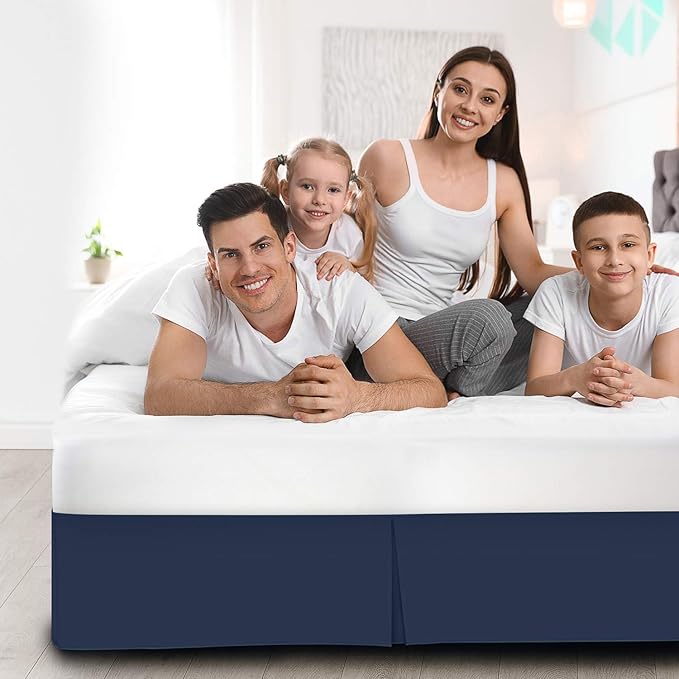 Pleated Bed Skirt 10 Inch Drop Queen Size – Wrinkle-Free Microfiber – Dust Ruffle with Split Corners Navy