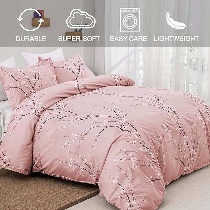 WONGS BEDDING Pink Floral Duvet Cover Set Full, Reversible Flower Plum Blossom Printed Comforter Cover Set with 2 Pillowcases 3 Pieces Bedding Set Soft Microfiber Full Size 78"x90"(Not Comforter)