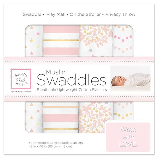 SwaddleDesigns Cotton Muslin Swaddle Blankets, Set of 4, Receiving Blankets for Baby Boys & Girls, Best Shower Gift, 46x46 inches, Pink Floral