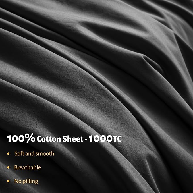 Shilucheng 100% Egyptian Cotton Queen Size Sheets Set - 1000 Thread Count，Luxury Cotton Bed Sheets，Breathable & Cooling Bedding and Pillow Cases, 16 Inch Deep Pocket - 6 Piece (Black, Queen)