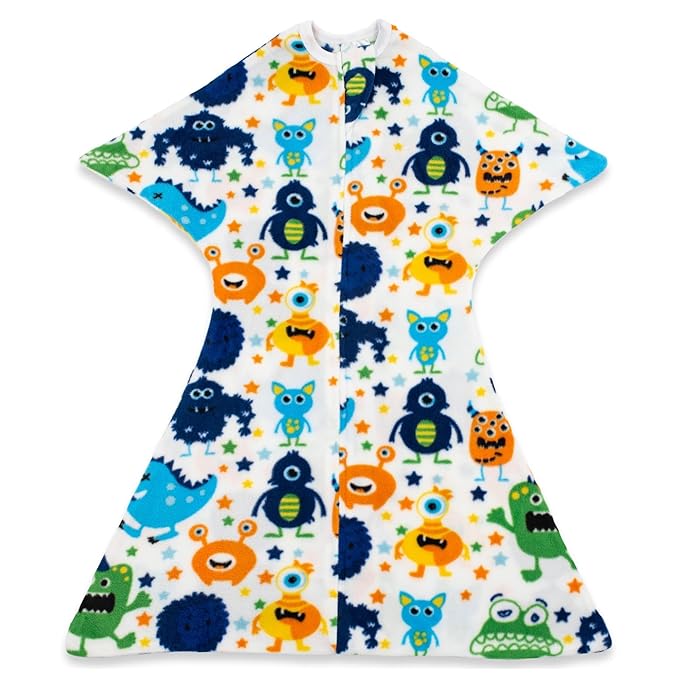 SleepingBaby Zipadee-Zip Transition Swaddle - Cozy Fleece Wearable Blanket with Two-Way Zipper for Baby Sleep - Monster Madness, X-Small (3-6 Month)