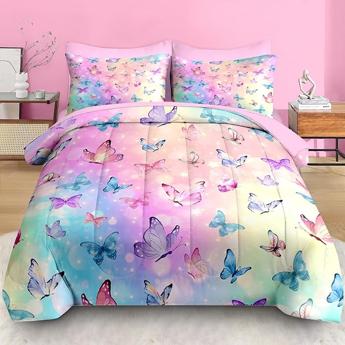 Comforter Set Queen Size, Pink Blue Butterfly 7 Pcs Bedding for Kids and Adults, Purple Colorful Rainbow Bed Sheet Sets with Fitted Sheet 2 Pillowcases & 2 Shams for Bedroom Bed Decor
