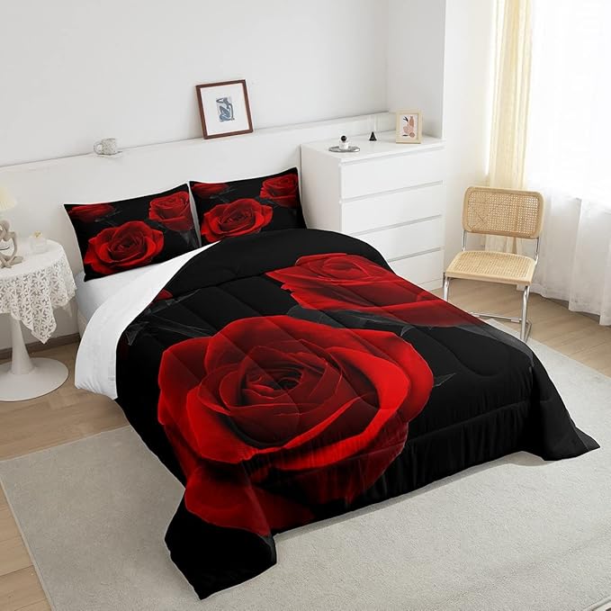 Feelyou Red Roses Bedding Set Luxury Rose Floral Comforter Set for Girls Women Couple Lover Romantic Flowers Comforter Valentine's Day Duvet Set Red Black Bedroom Decor Quilt Set 3Pcs Full Size