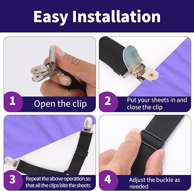 Bed Sheet Straps,3 PCS Secure and Sheet Holder Straps for Full Size Beds,Adjustable Crisscross Fitted Sheet Clips,Black